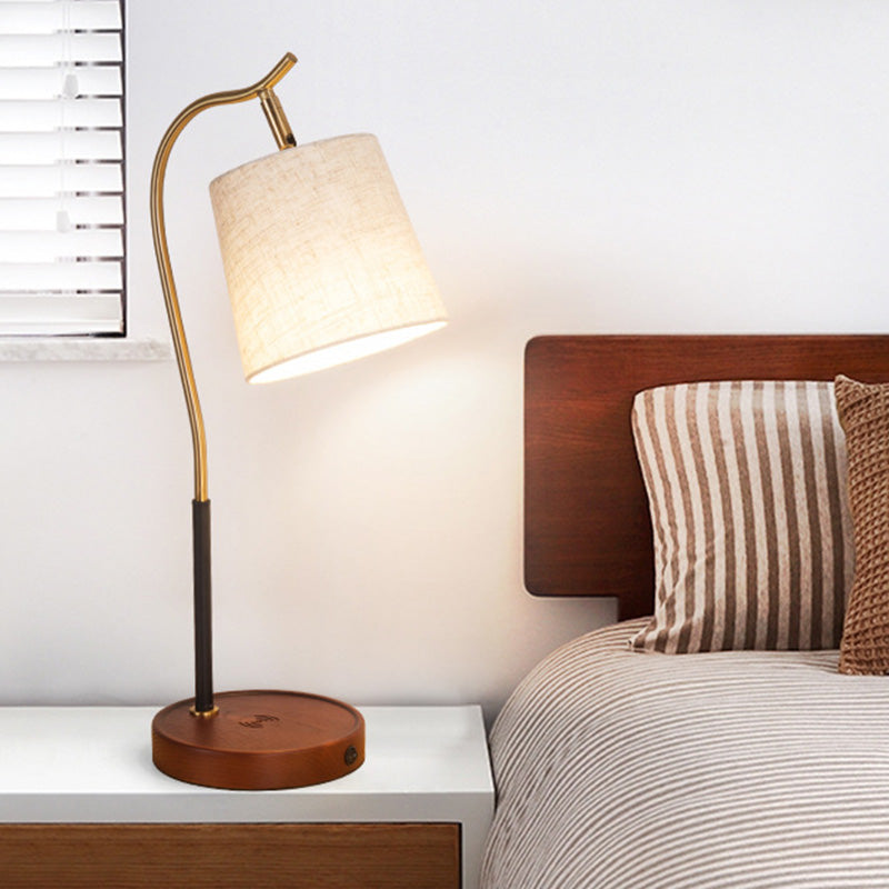 Barrel Shaped Bedside Nightstand Lamp Fabric 1 Bulb Simplicity Table Light with Gooseneck Arm