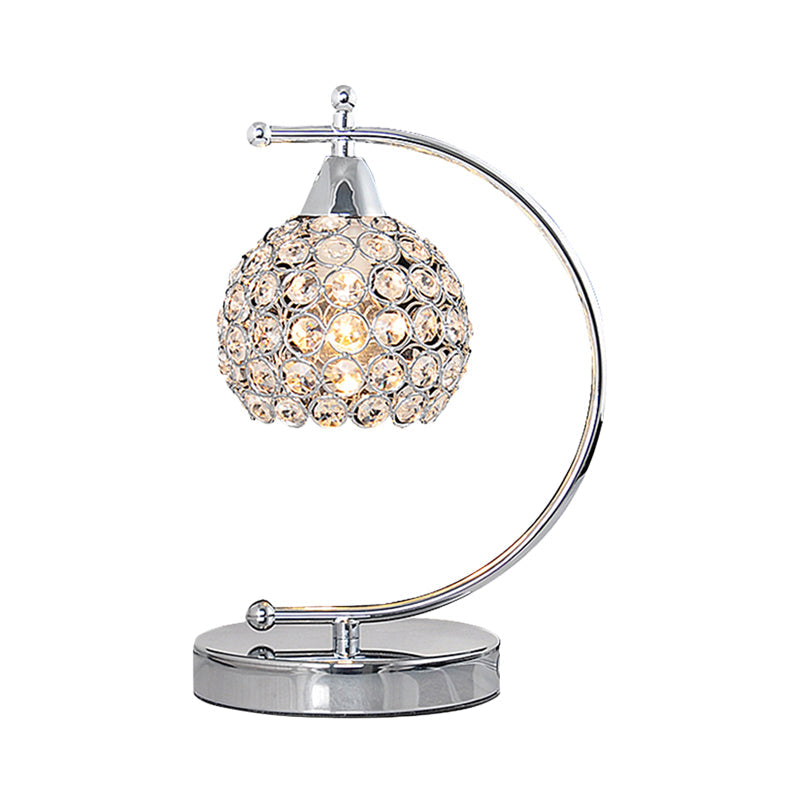 Nordic Tiffany Domed Small Desk Lighting Single Bulb Crystal Embedded Table Lamp with Arched Arm in Silver
