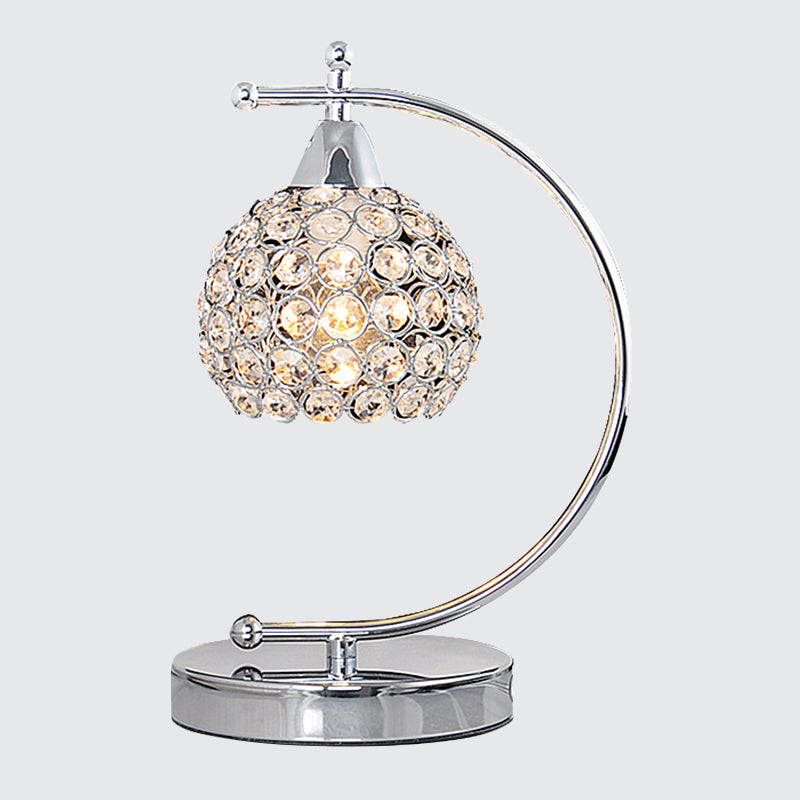 Nordic Tiffany Domed Small Desk Lighting Single Bulb Crystal Embedded Table Lamp with Arched Arm in Silver