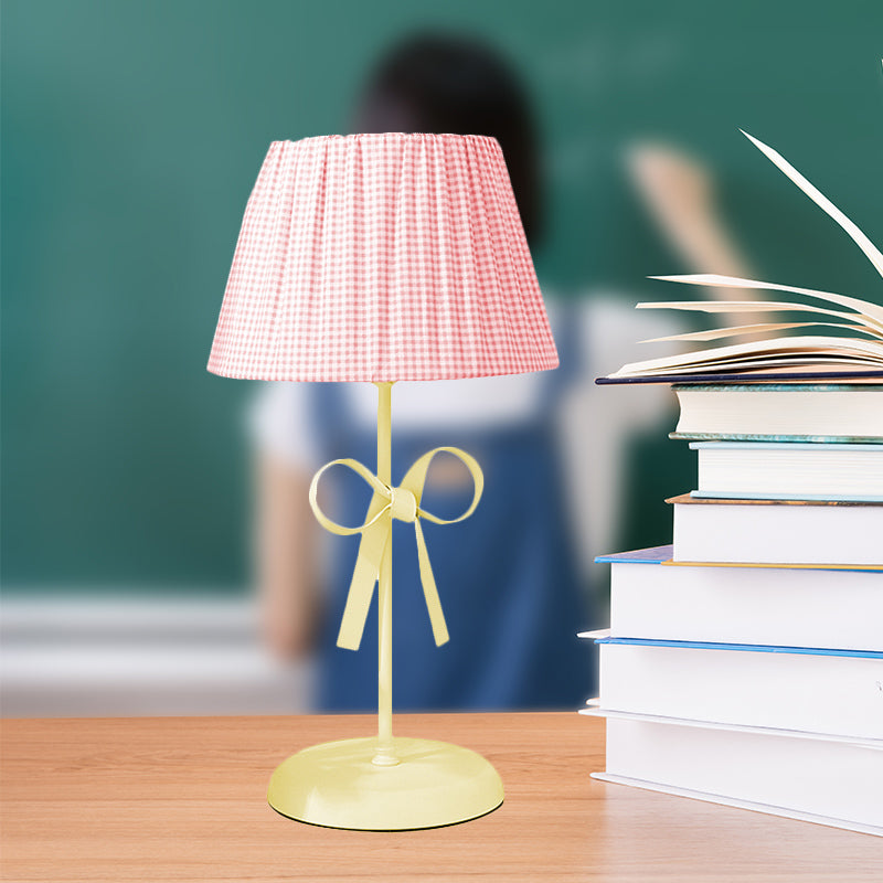 Pink Plaid Shade Desk Light 1 Head Lovely Fabric Study Light with Bow for Dormitory Bedroom