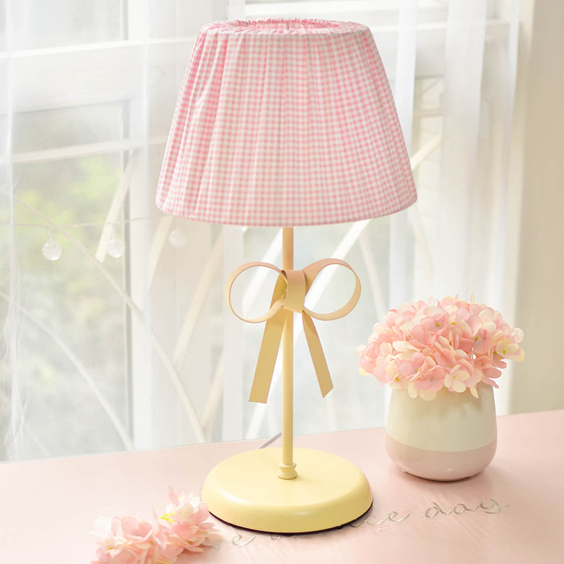 Pink Plaid Shade Desk Light 1 Head Lovely Fabric Study Light with Bow for Dormitory Bedroom