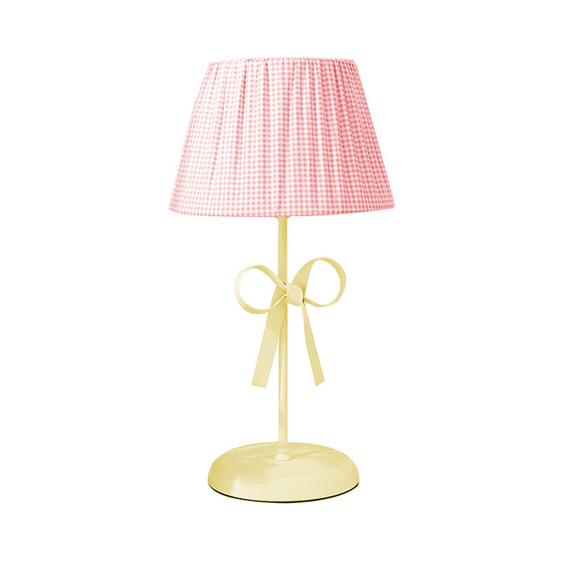 Pink Plaid Shade Desk Light 1 Head Lovely Fabric Study Light with Bow for Dormitory Bedroom