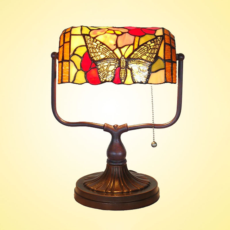 Tiffany Hand Cut Glass White Banker Lamp Butterfly Patterned 1 Head Mediterranean Table Light with Pull Chain