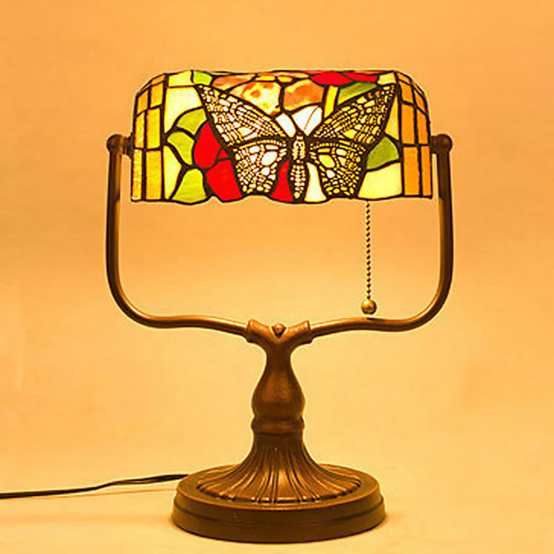 Tiffany Hand Cut Glass White Banker Lamp Butterfly Patterned 1 Head Mediterranean Table Light with Pull Chain