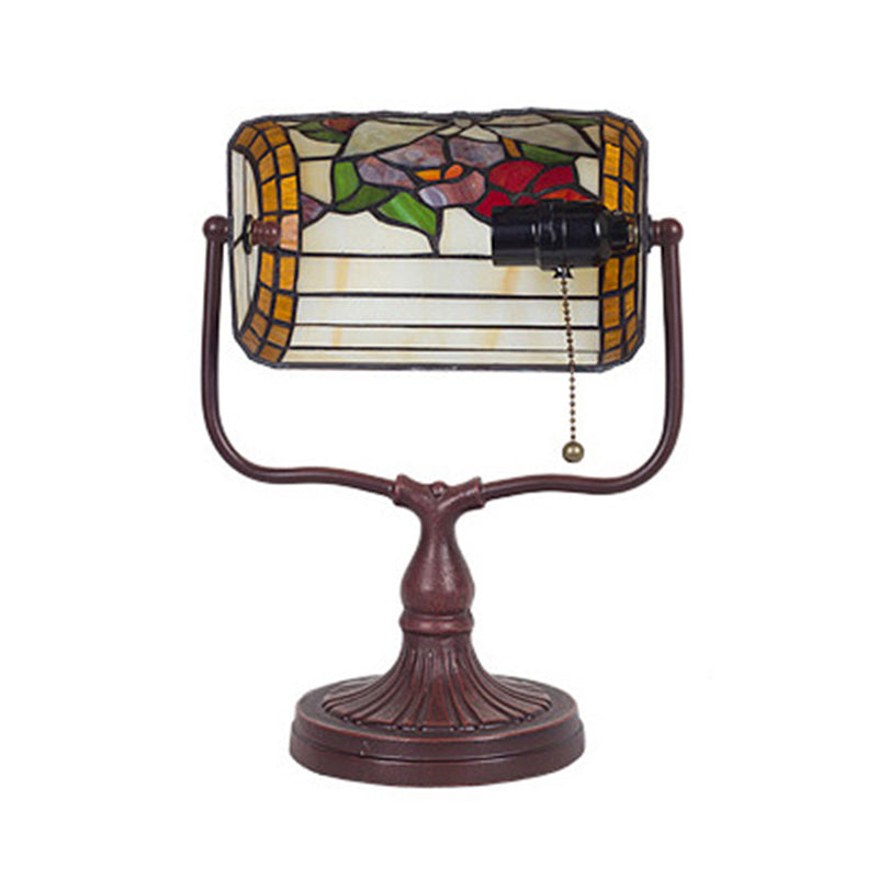 Tiffany Hand Cut Glass White Banker Lamp Butterfly Patterned 1 Head Mediterranean Table Light with Pull Chain