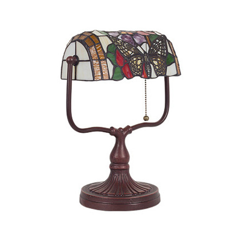 Tiffany Hand Cut Glass White Banker Lamp Butterfly Patterned 1 Head Mediterranean Table Light with Pull Chain